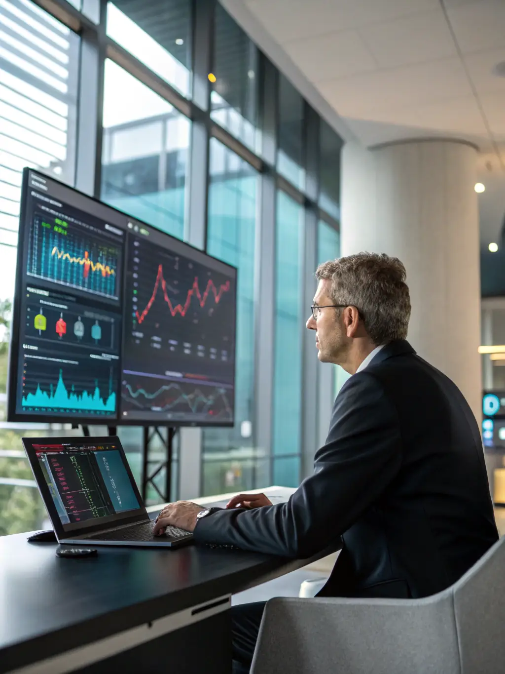 A professional analyzing financial data on a laptop, with charts and graphs displayed on the screen, representing Sarabarabana.com's commitment to in-depth analysis.