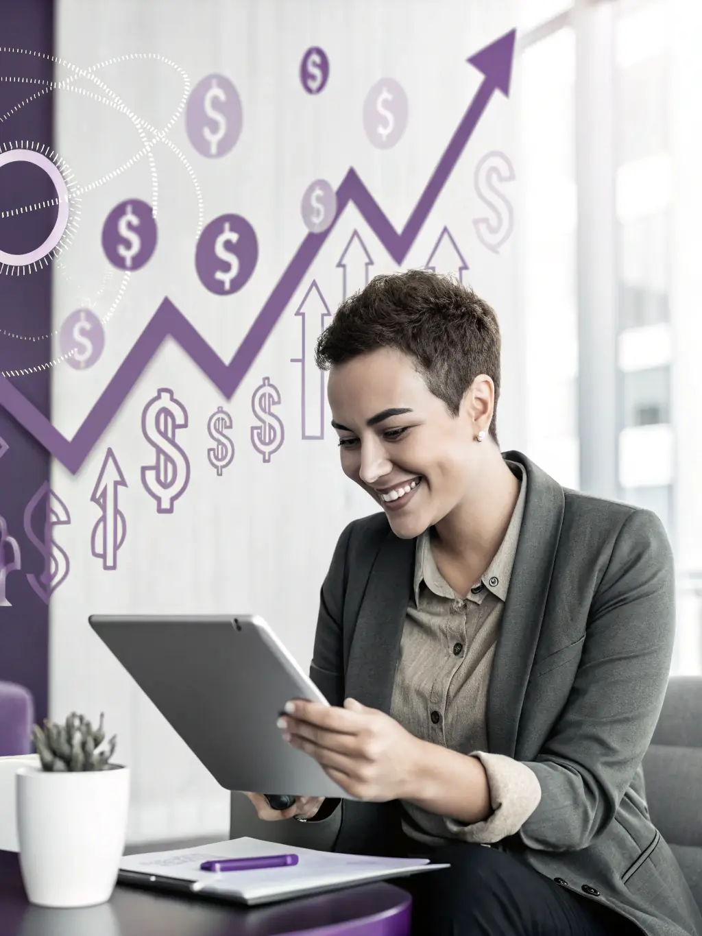 A person confidently making financial decisions with a tablet in hand, showcasing Sarabarabana.com's role in empowering users.