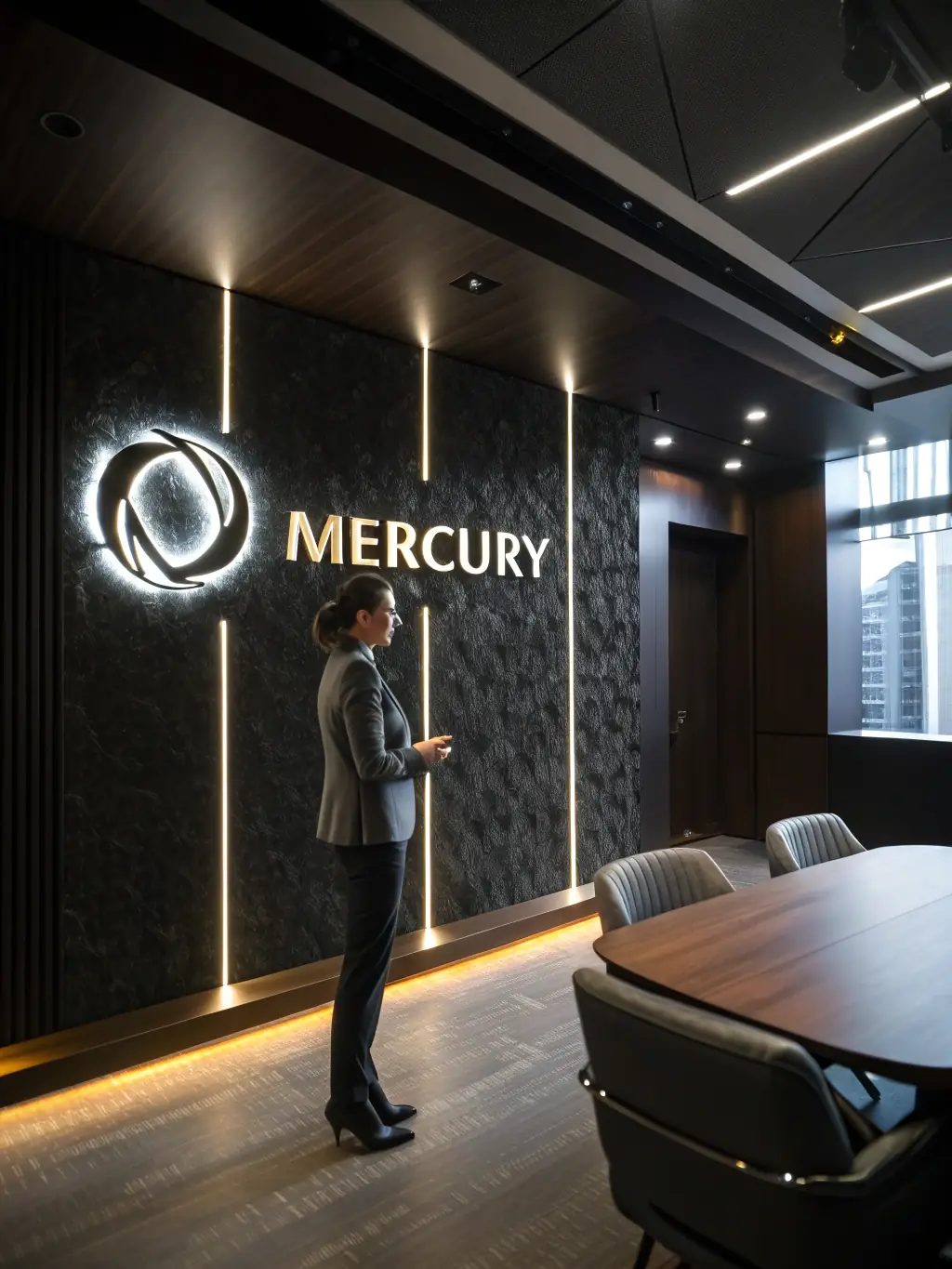 A professional and modern office interior representing Mercury bank, with subtle branding elements and a focus on innovation and technology.