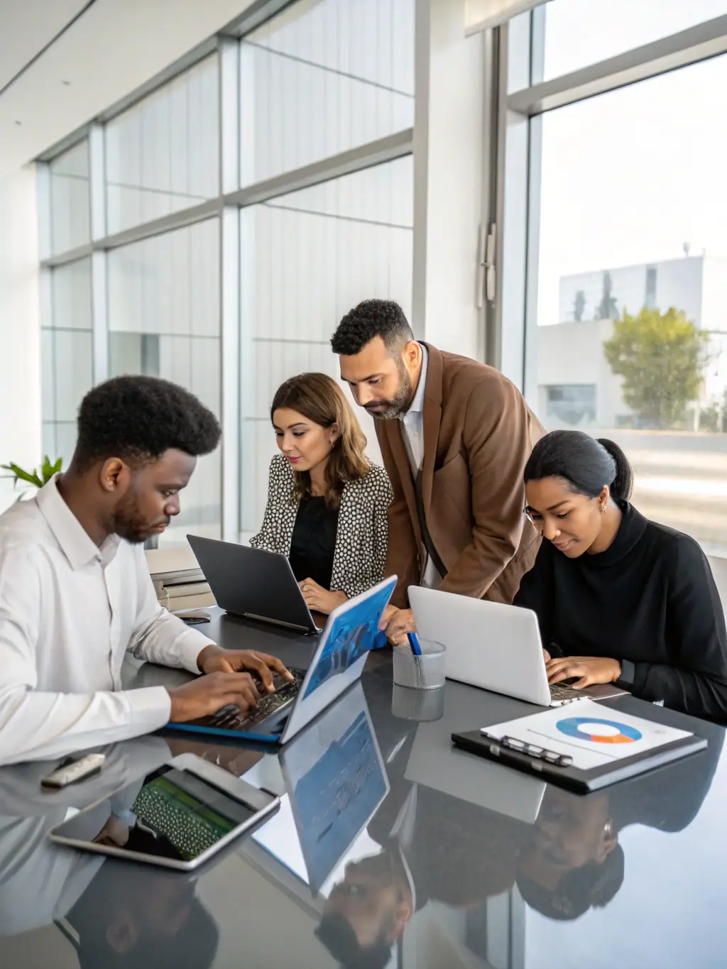 A diverse group of professionals collaborating in a modern office space, symbolizing Mercury's commitment to supporting businesses.
