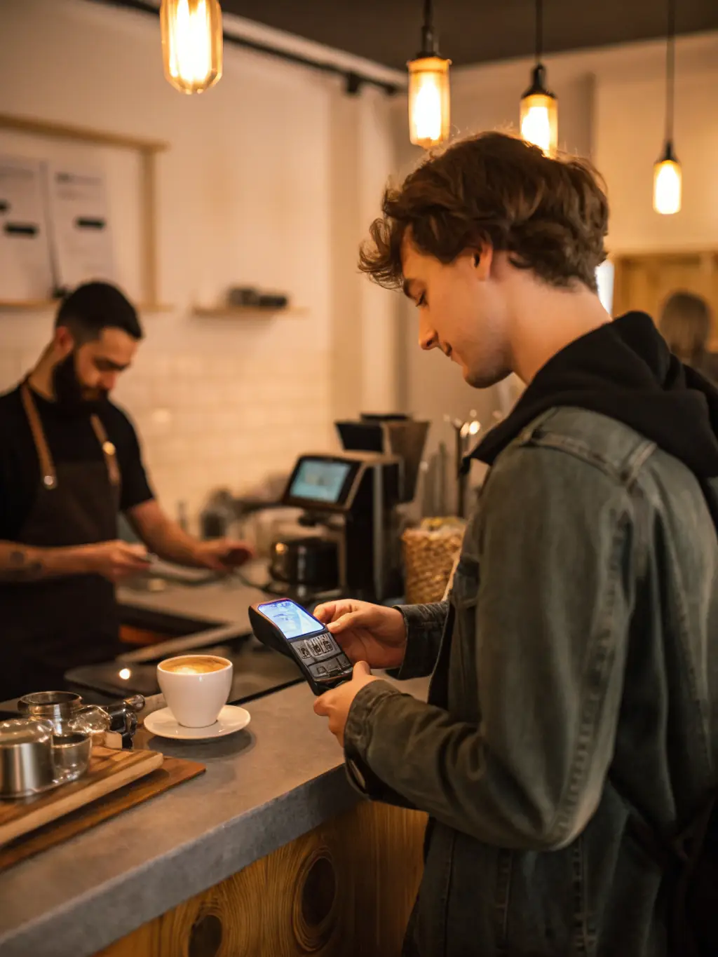 A person smiling while using a Santander Bank debit card to make a contactless payment at a modern point-of-sale system in a coffee shop.