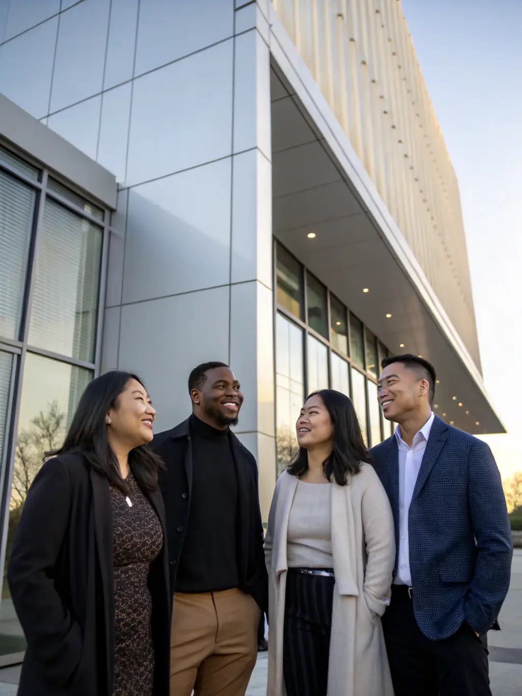 A diverse group of people standing in front of a Santander Bank branch, representing the bank's commitment to serving a wide range of customers.