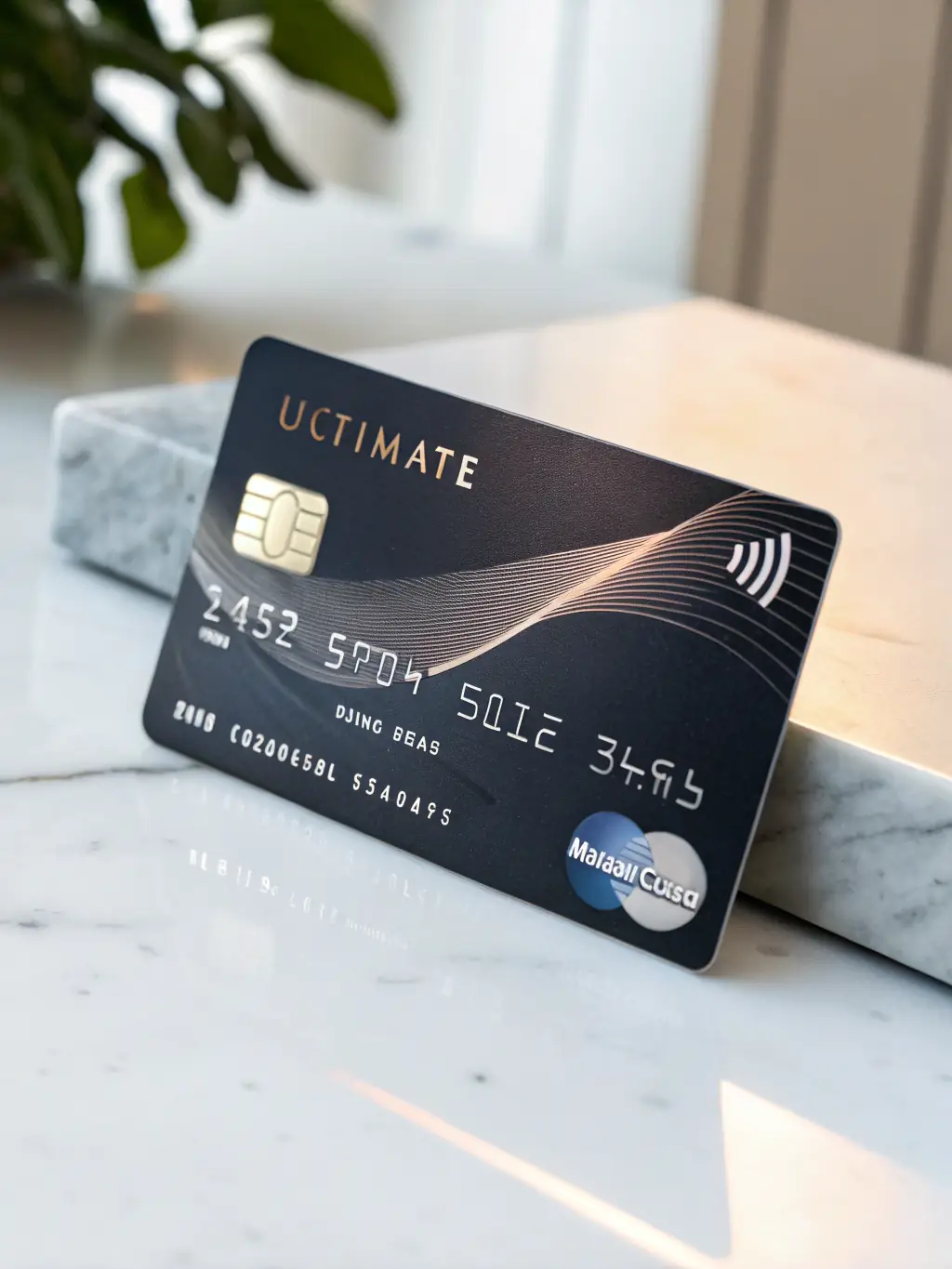 A professional, brightly lit studio shot of a sleek, modern Mercury credit card with a metallic finish, resting on a dark, textured surface.